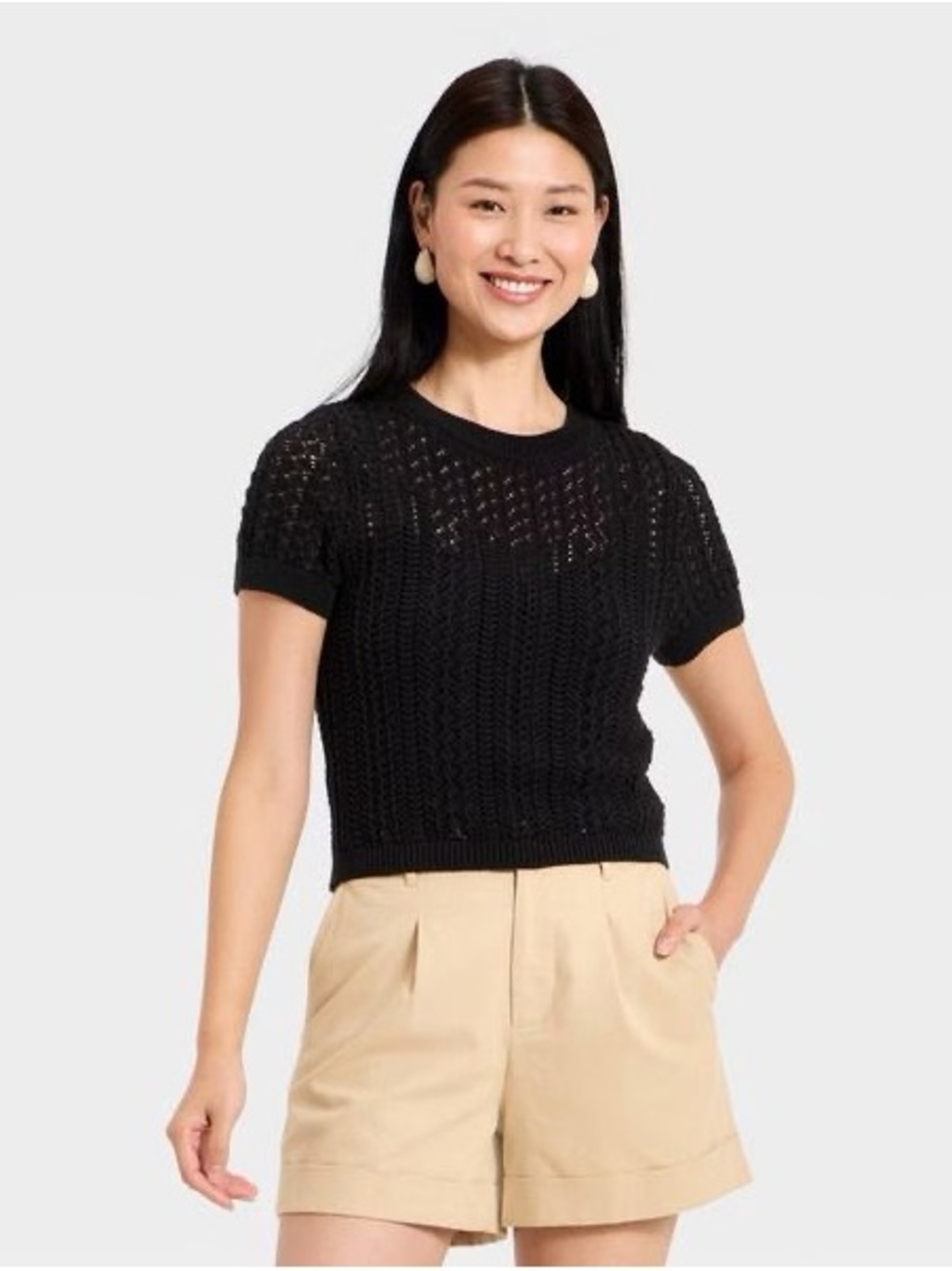 a new day Women's Short Sleeve Crochet Sweater Top Black M